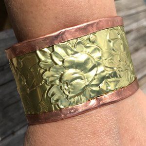 Rose Brass Copper Cuff Bracelet Wide Bohemian Floral Statement Unisex Cowboy